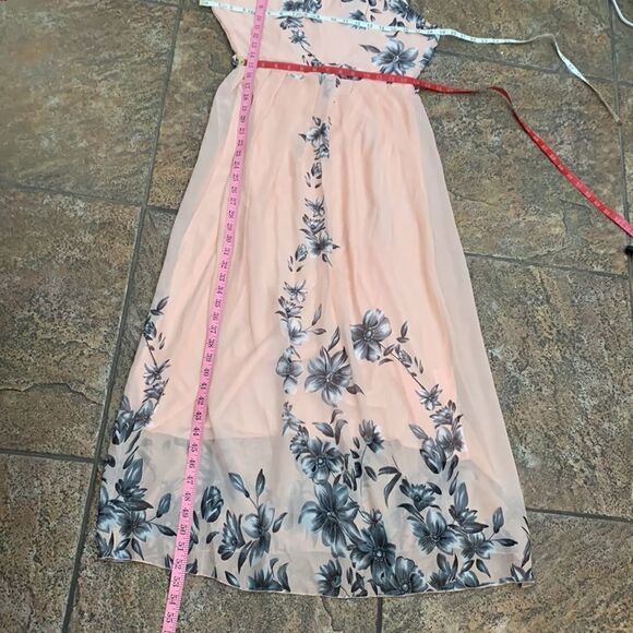 Fashion Mia Large Scoop Neck Short Sleeve Tie Back Peach Gray Floral Maxi Dress - Picture 14 of 14